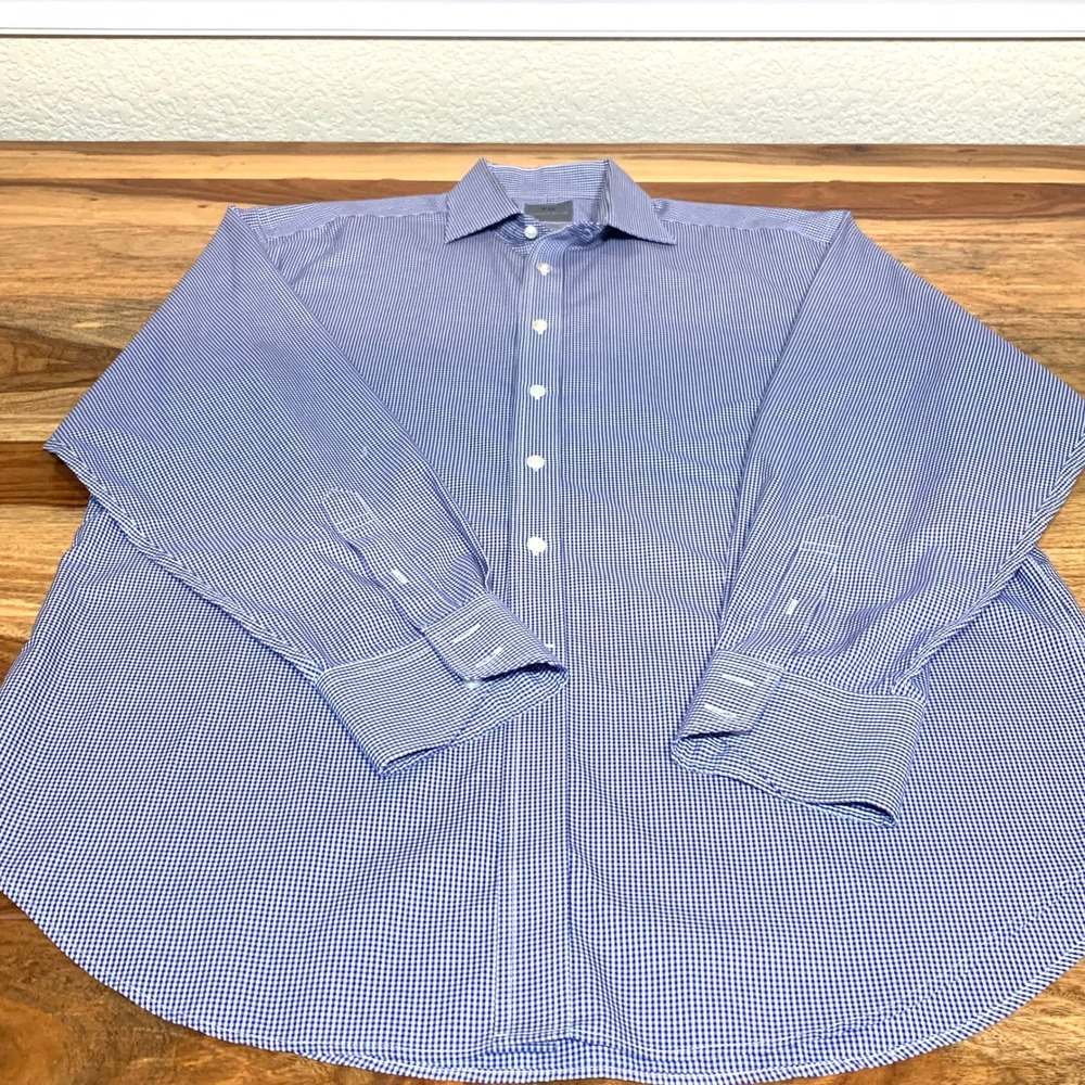 Thomas Dean Mens Blue Gingham Check Dress Shirt 16R Long Sleeve Button Down‎